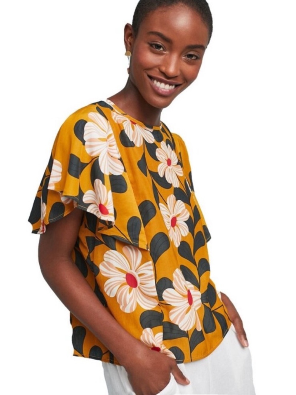 Anthropologie Eva Franco Ikebana Floral Ruffle Sleeve Blouse